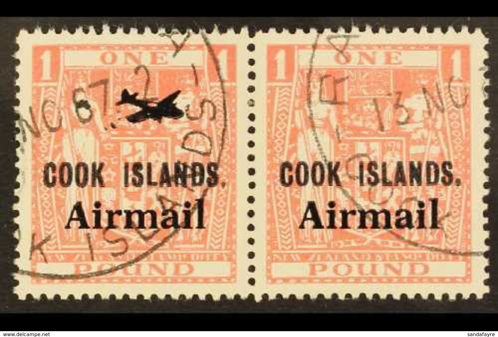 1966  £1 Pink Air Stamp PAIR - ONE WITH MISSING AEROPLANE, SG 193a, Very Fine Used. For More Images, Please Visit Http:/ - Cook Islands