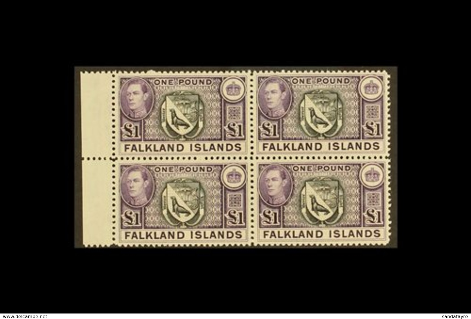 1938  £1 Black And Violet Arms, SG 163, Superb Never Hinged Mint Marginal Block Of Four. For More Images, Please Visit H - Falkland Islands