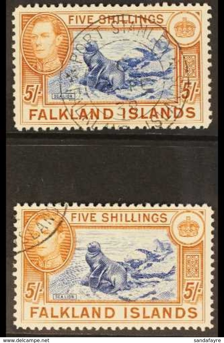 1938-50  KGVI 5s Blue & Chestnut, SG 161 & 5s Indigo & Pale Yellow Brown, SG 161b, Very Fine, Cds Used (2 Stamps) For Mo - Falklandinseln