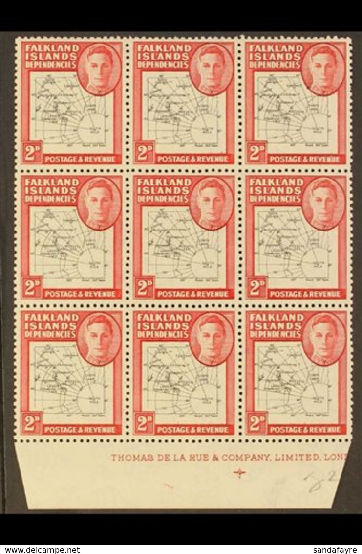 1946-49  2d Black & Carmine Thick Map EXTRA DOT BY OVAL Variety, SG G3d, Within Superb Never Hinged Mint Marginal BLOCK  - Falkland