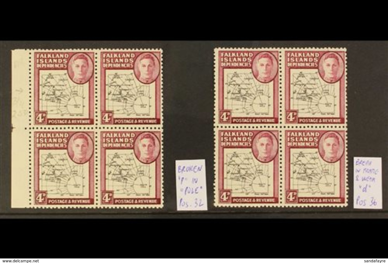 1946-49 THICK MAP VARIETIES WITHIN BLOCKS OF FOUR.  SUPERB NEVER HINGED MINT Group Of All Different PLATE FLAWS (Centre  - Falkland Islands