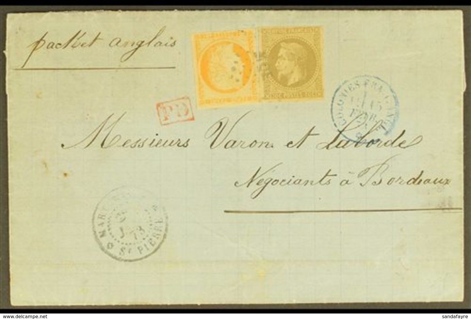 GENERAL ISSUES  USED IN MARTINIQUE 1872 (27 Jan) Entire Letter Addressed To France, Bearing French Colonies 30c Napoleon - Other & Unclassified