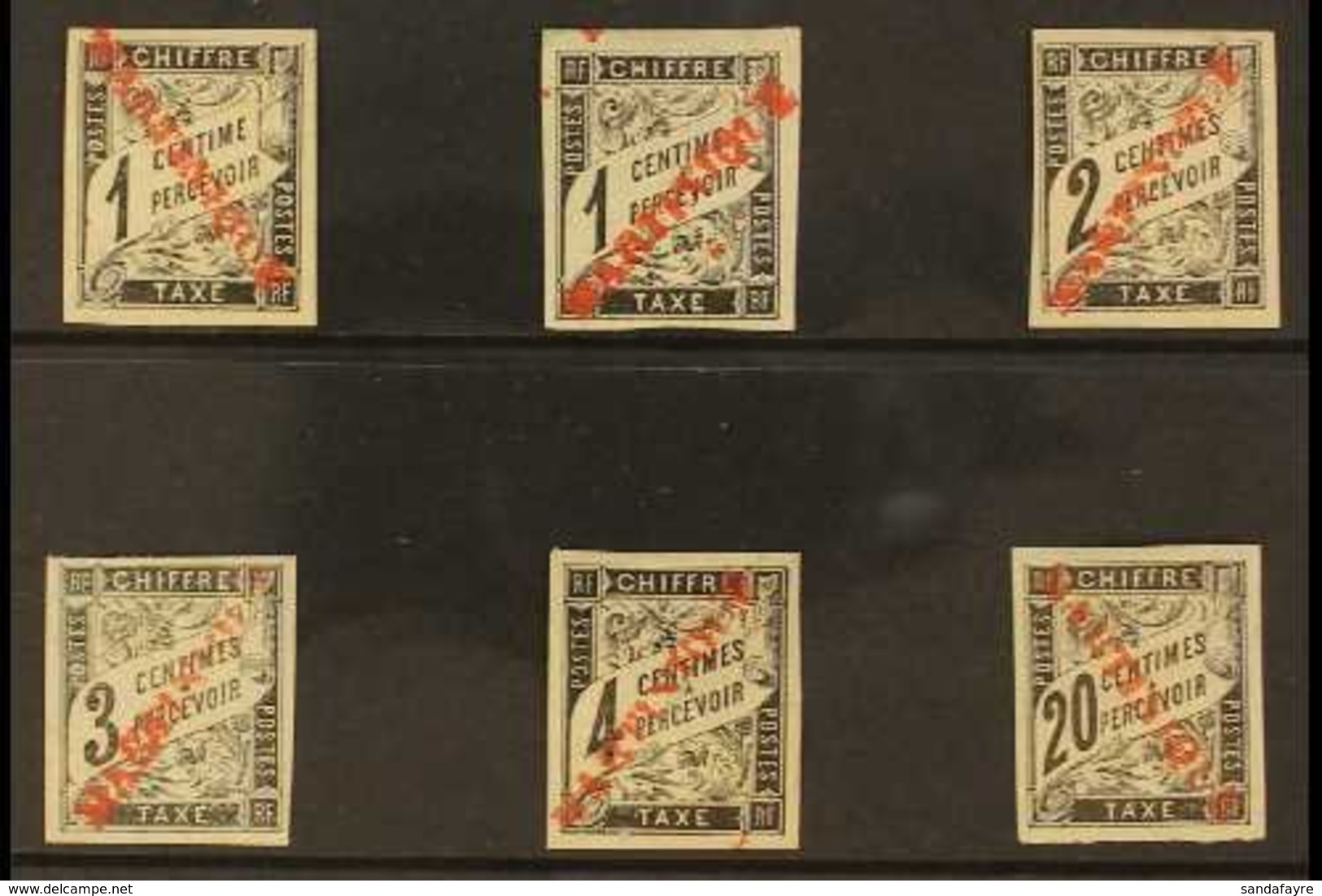 MARTINIQUE  Circa 1900. POSTAGE DUE. General Issues Bearing Red "Martinique" Diagonal Overprint Fantasy Issues Inc 1c Bl - Sonstige & Ohne Zuordnung