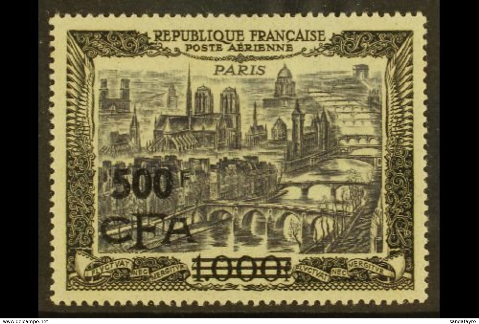 REUNION  1951 500f On 1000f Slate-purple & Black On Blue Air "CFA" Surcharge (Yvert 51, SG 332), Superb Mint, Very Fresh - Sonstige & Ohne Zuordnung