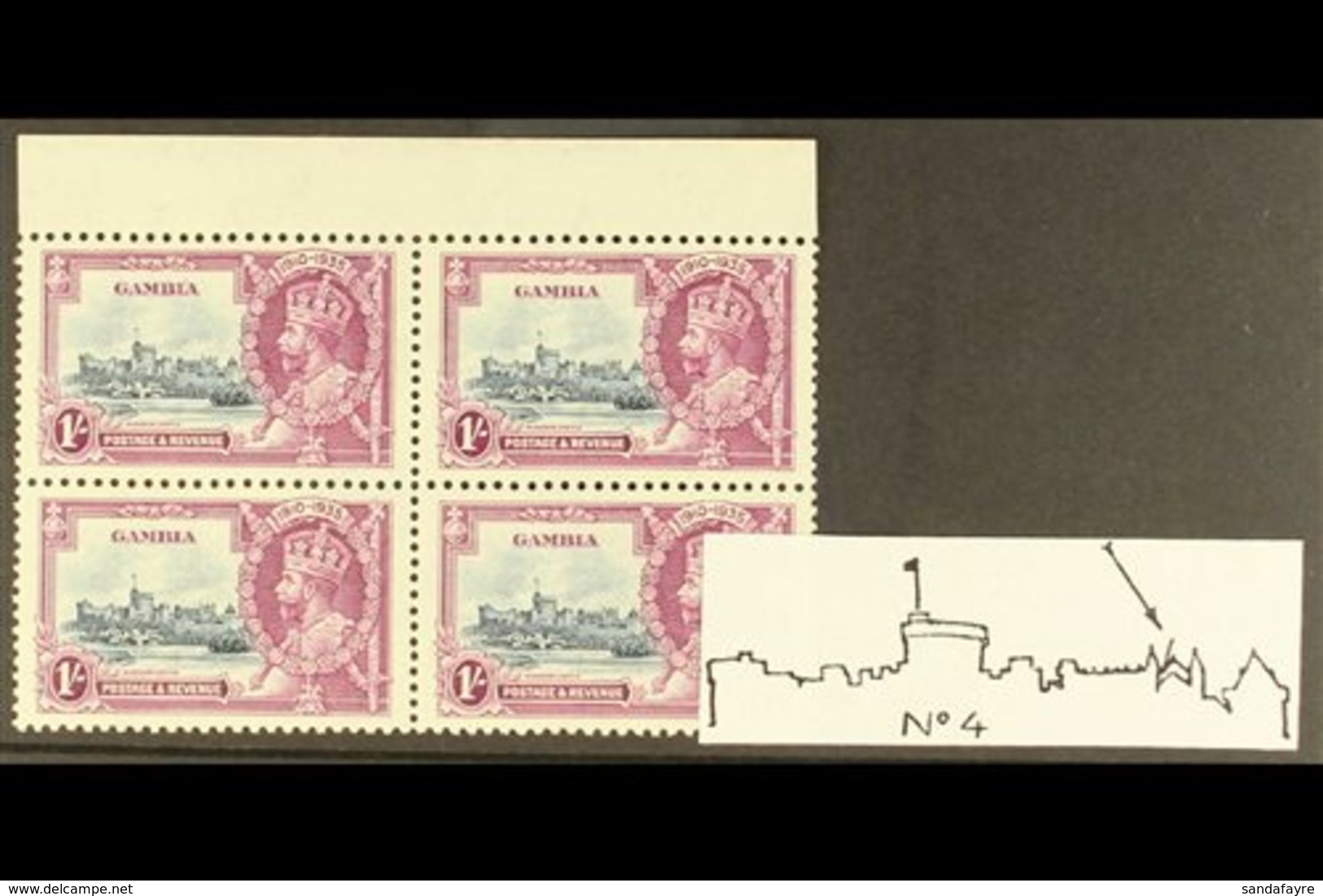 1935  1s Slate And Purple, Jubilee, Top Marginal Block Of 4 Showing The Variety "Lightening Conductor" By Left Spire Of  - Gambia (...-1964)