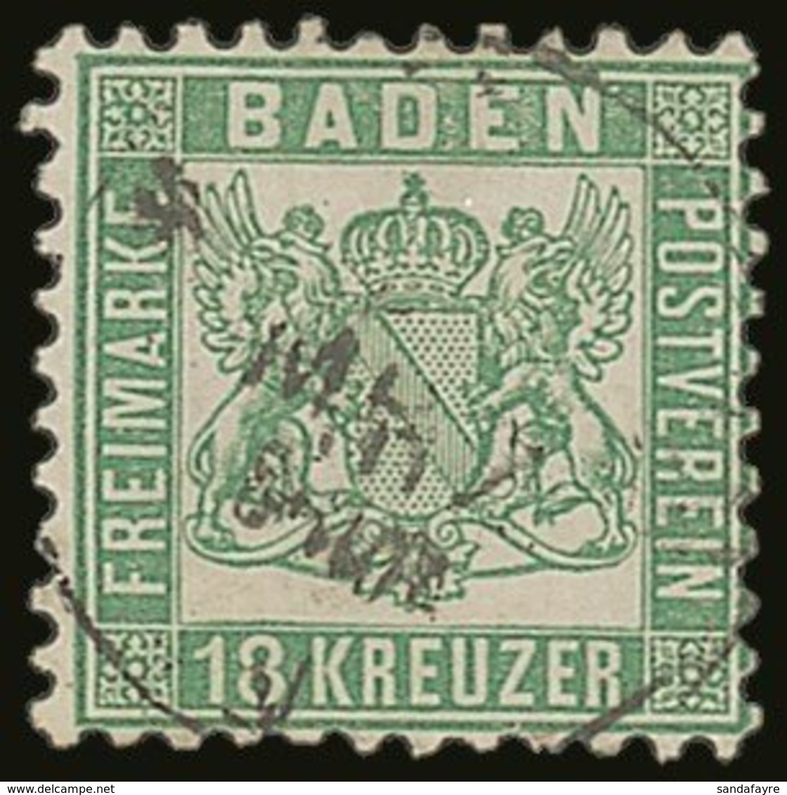 BADEN  1862 18kr Bright Green, Perf 10, Mi 21a, Very Fine Used With Neat Cds Cancel. For More Images, Please Visit Http: - Sonstige & Ohne Zuordnung