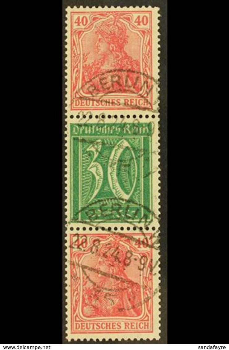 1921  40pf+30pf+40pf Germania & Numerals Vertical SE-TENANT STRIP Of 3, Michel S 30, Very Fine Cds Used, Fresh & Scarce, - Other & Unclassified