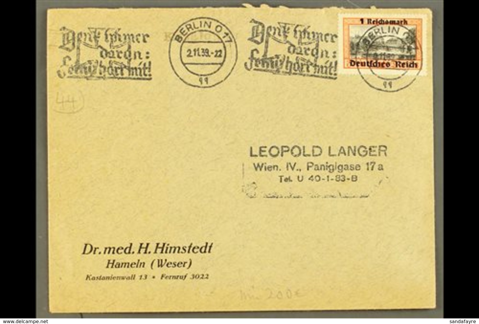 1939 OVERPRINTED ON DANZIG  1m On 1g Black And Orange, SG 716, On A Cover Tied By Forged Berlin Slogan Cancel. For More  - Other & Unclassified