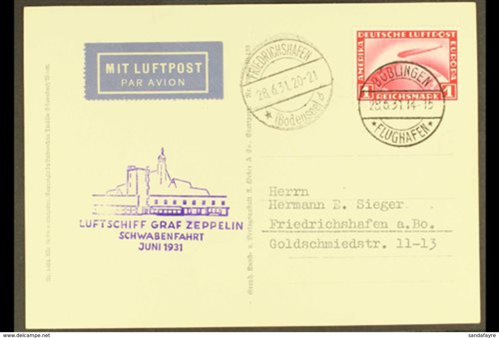 GRAF ZEPPELIN 1931 SWABIA FLIGHT  1931 (28 June) Picture Postcard Bearing 1m Zeppelin Stamp Tied By "Boblingen" Cds, Wit - Sonstige & Ohne Zuordnung