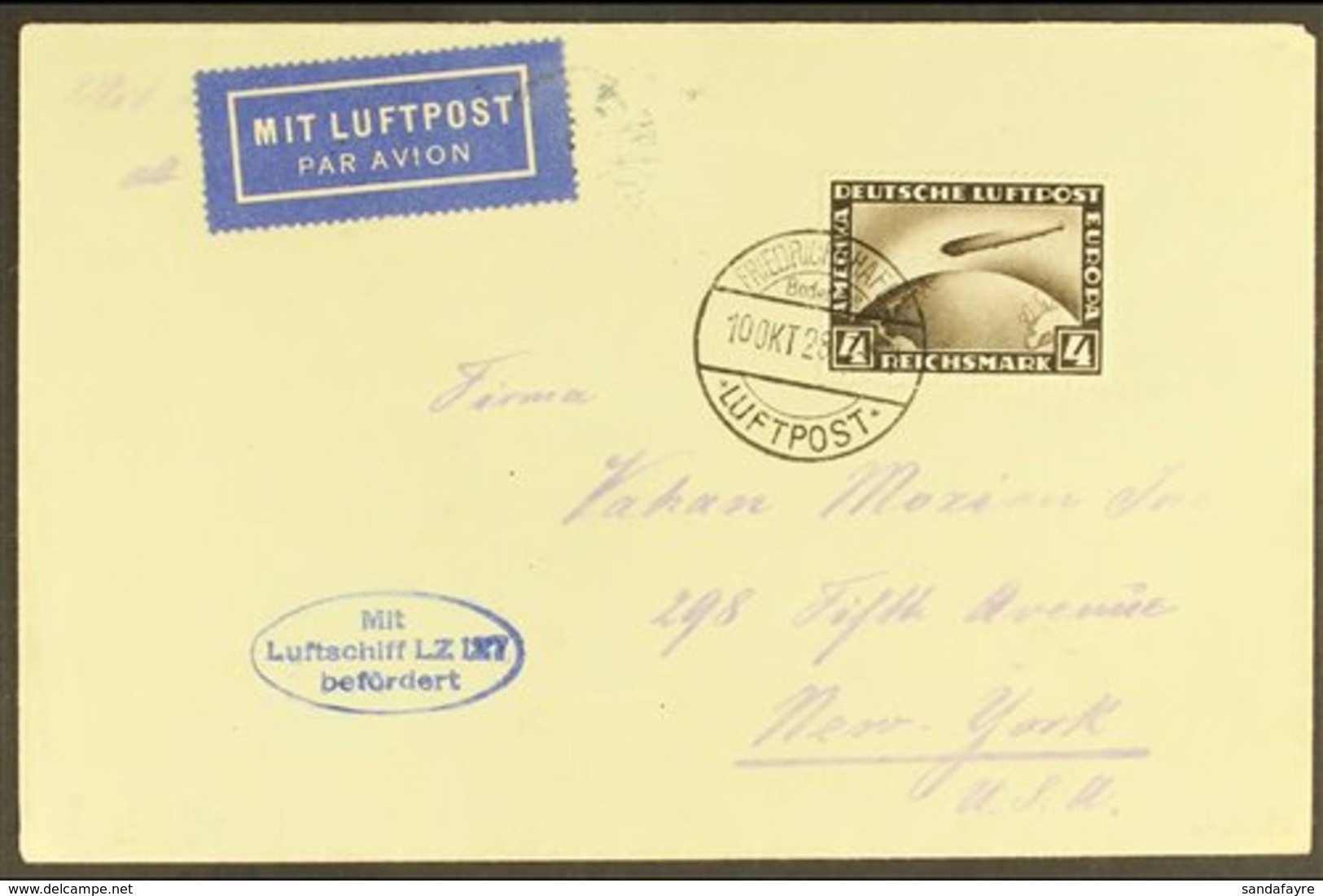 GRAF ZEPPELIN 1928 AMERICA FLIGHT  1928 (10 Oct) Cover Addressed To New York, Bearing 4m Zeppelin Stamp Tied By "Friedri - Sonstige & Ohne Zuordnung