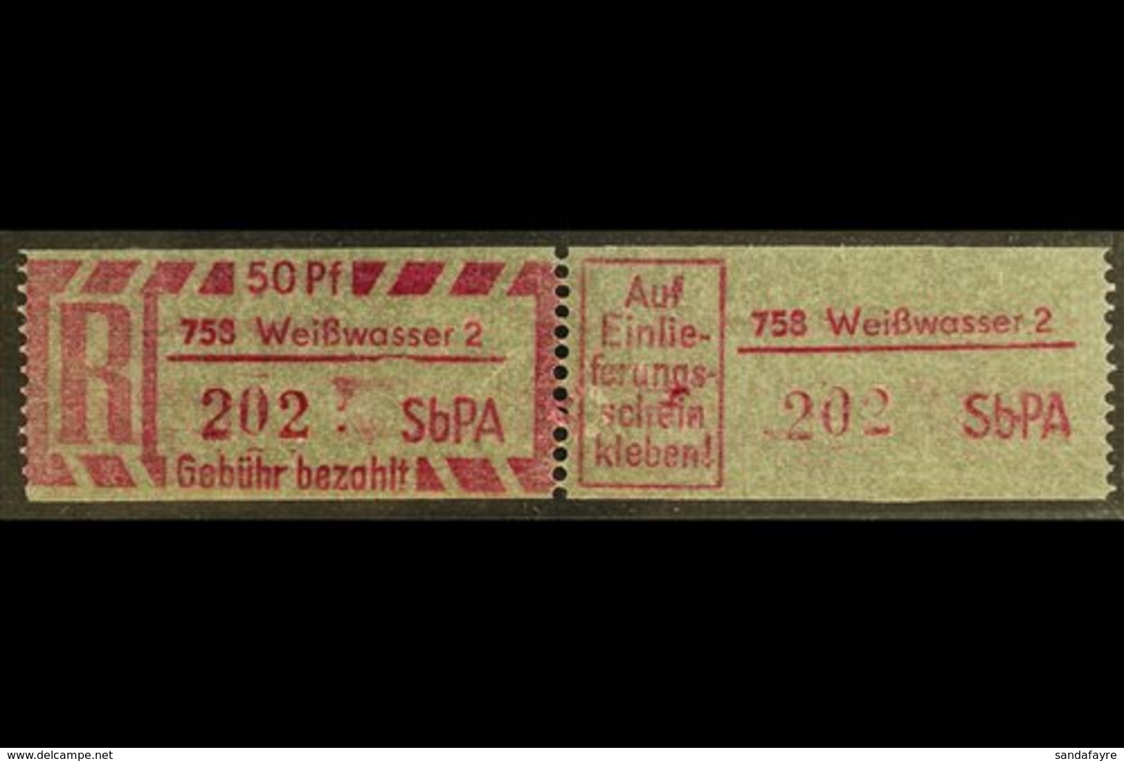 REGISTERED MAIL STAMP (EINSCHREIBEMARKEN)  1968 50pf With Type 1 Postcode, Perf 12½, Michel 2 C PLZ 758-2 (Weisswasser 2 - Other & Unclassified
