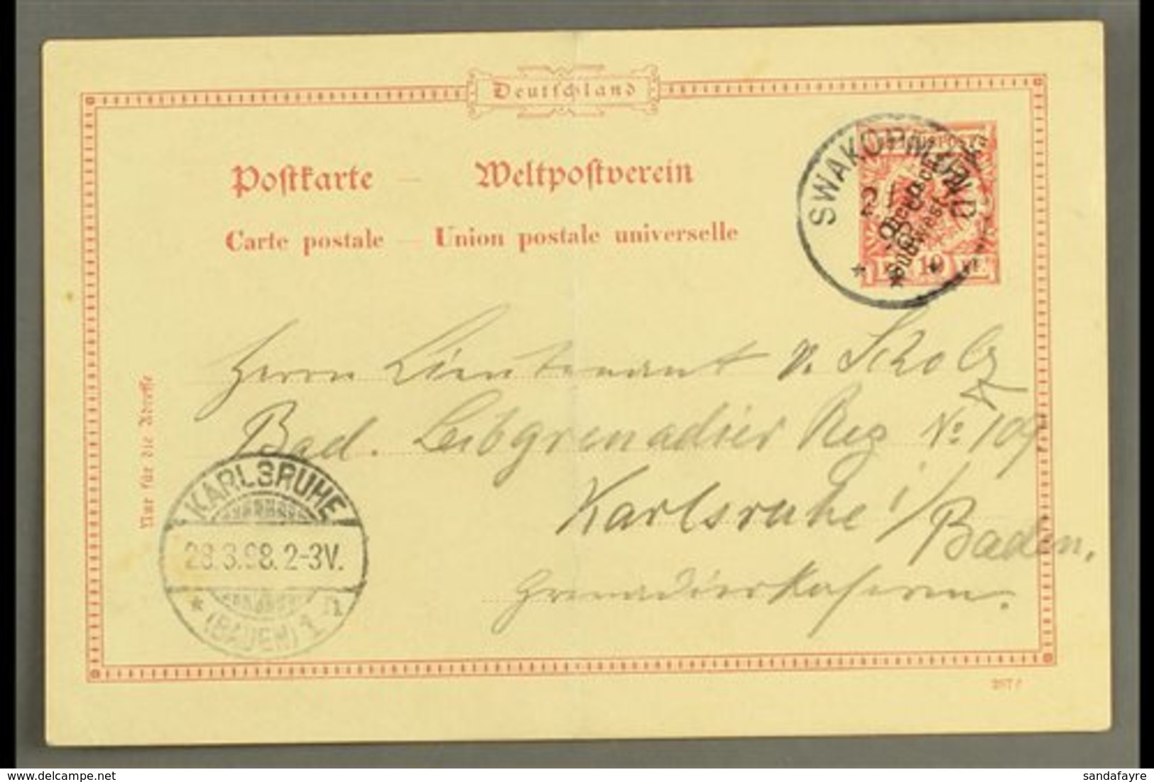 SOUTH WEST AFRICA  1898 (3 Mar) 10pf With Diagonal Opt Postal Stationery Card To Germany Cancelled By Fine "SWAKOPMUND"  - Sonstige & Ohne Zuordnung
