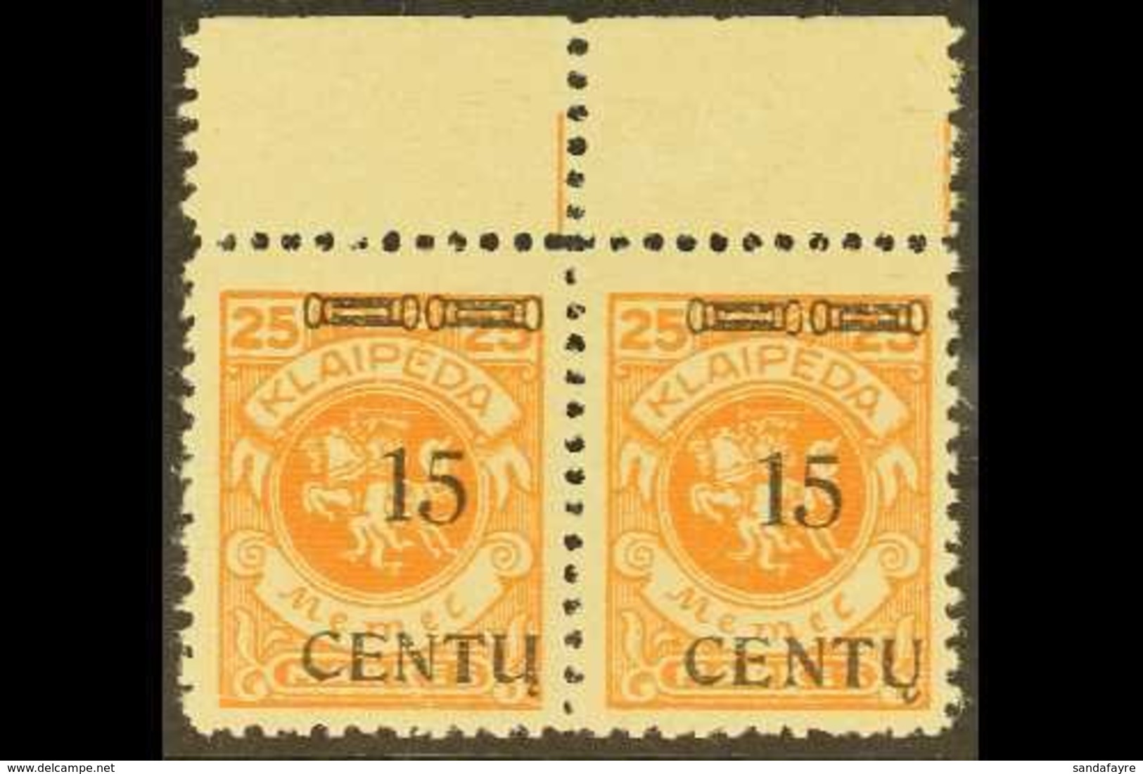 LITHUANIAN OCCUPATION  1923 15c On 25m Orange Surcharge Upper Marginal Horizontal SE-TENANT PAIR Of Surcharge Types B II - Other & Unclassified