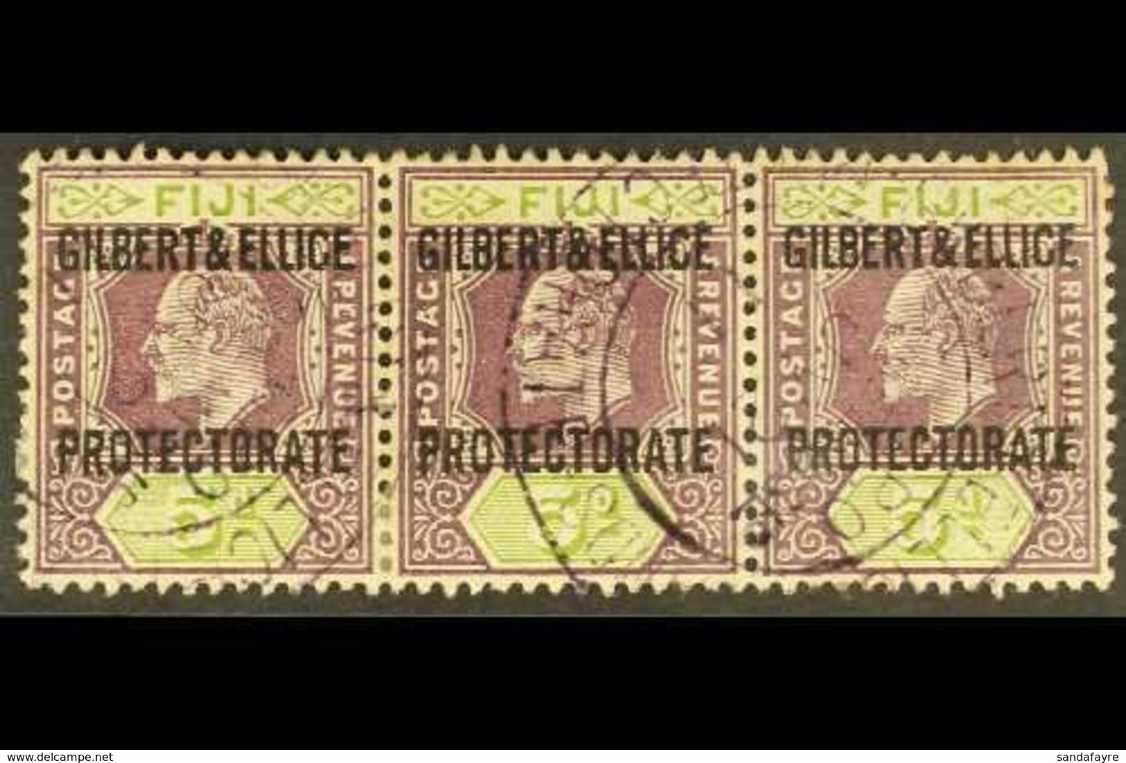 1911  5d Purple And Olive, Overprinted, SG 5, Horizontal Strip Of 3 Used With Neat Protectorate Cds Cancels. For More Im - Gilbert & Ellice Islands (...-1979)