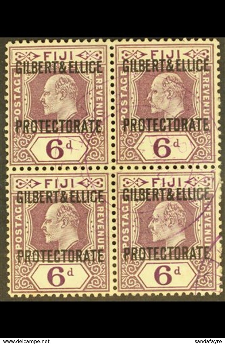 1911  6d Dull And Bright Purple, Overprinted, SG 6, Superb Used Block Of 4 With Violet Protectorate Cancels. For More Im - Gilbert & Ellice Islands (...-1979)