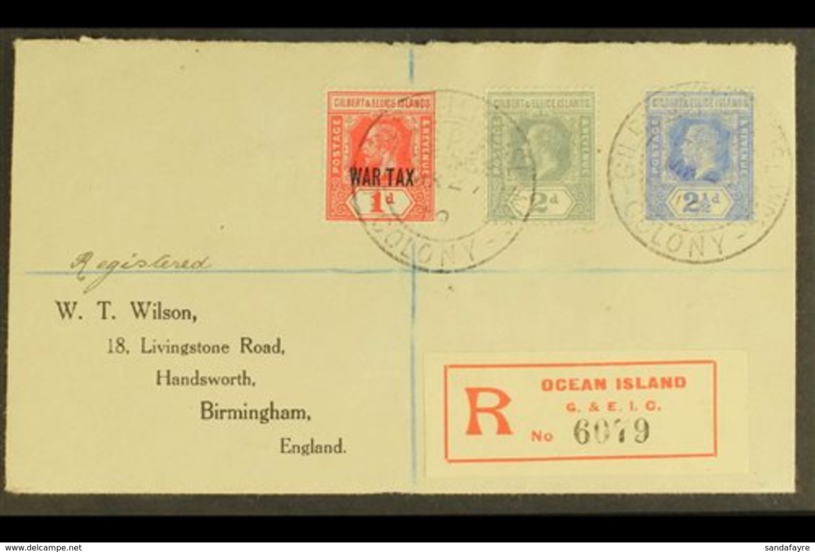 1919  (March) A Most Attractive "Wilson" Envelope Registered Ocean Island To England, Bearing KGV 2d & 2½d, And War Tax  - Gilbert & Ellice Islands (...-1979)