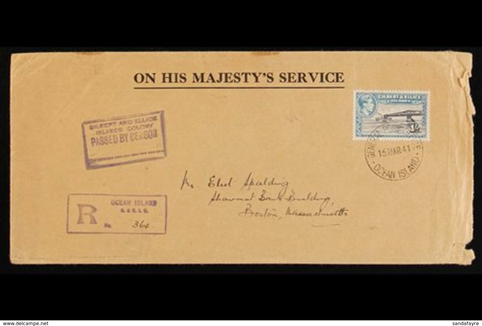 1941  (March) OHMS Envelope Registered To England, Bearing KGVI 1s. Tied Ocean Island Cds, Violet Boxed "GILBERT AND ELL - Gilbert & Ellice Islands (...-1979)