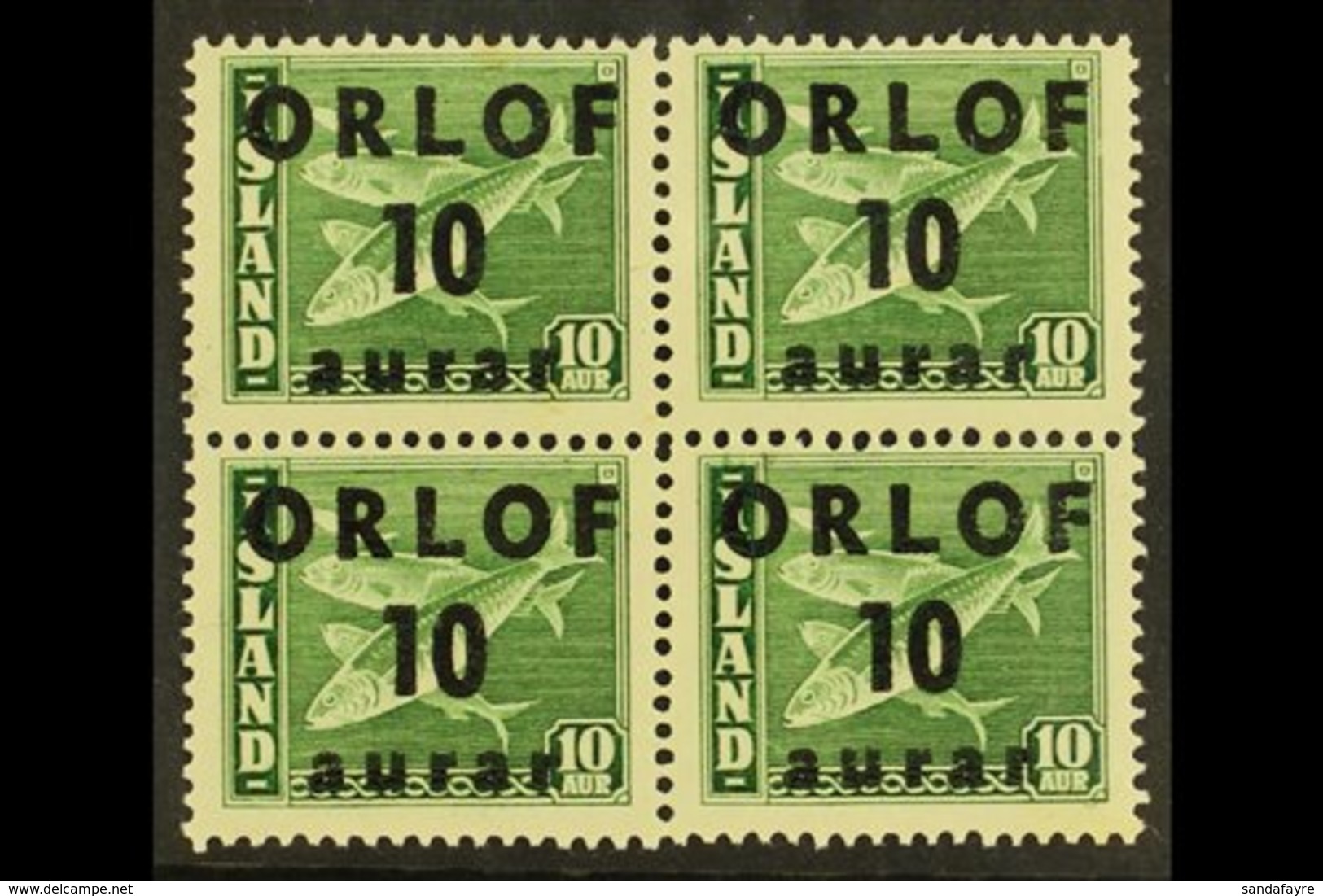 REVENUE STAMPS  1943 Vacation Savings Stamps - "ORLOF" Overprint 10aur On 10aur Green Codfish - A Never Hinged Mint BLOC - Andere & Zonder Classificatie