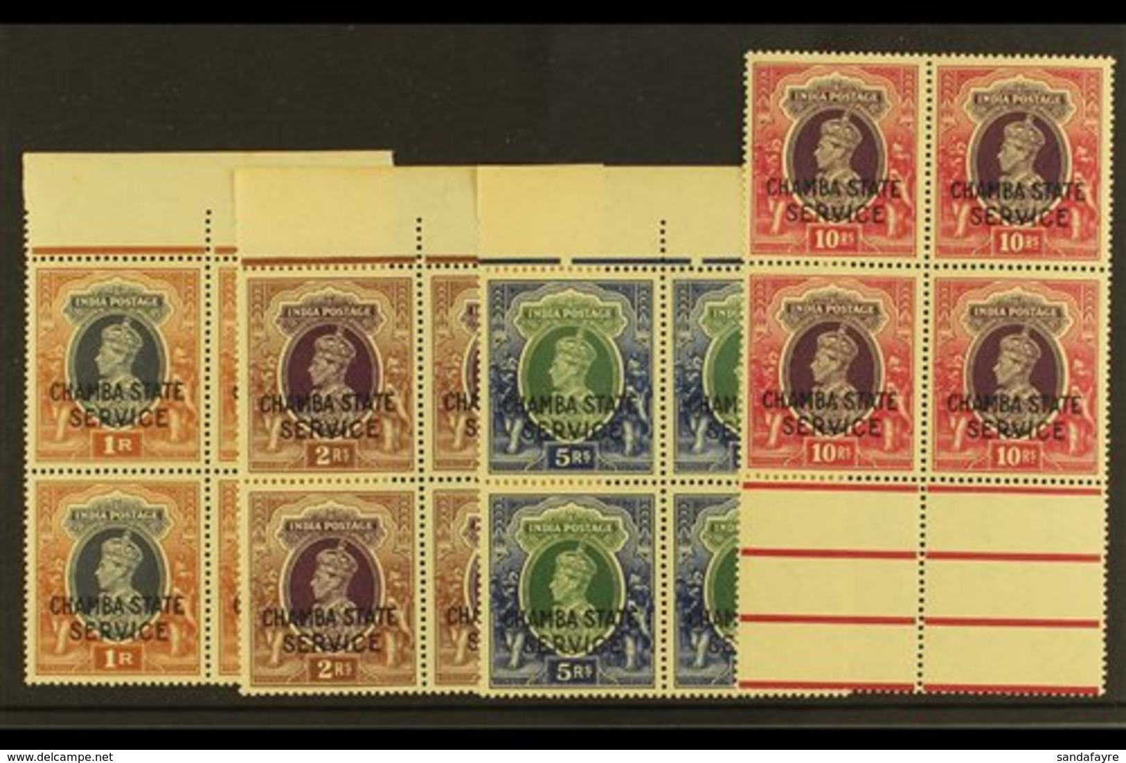 CHAMBA  OFFICIALS. 1938-40 KGVI High Values Set As Marginal BLOCKS Of 4, SG O68/71, Never Hinged Mint (4 Blocks Of 4 Sta - Sonstige & Ohne Zuordnung