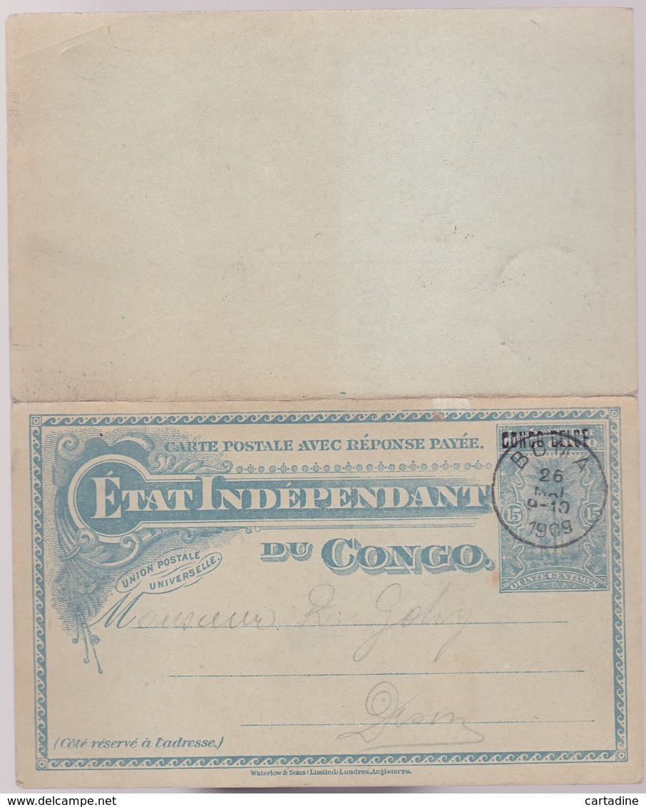 Entier  Postal Stationery - Congo Belge - BOMA  - Double Avec Carte Réponse -  15c Bleu + 15c Orange - 1909 - Entiers Postaux