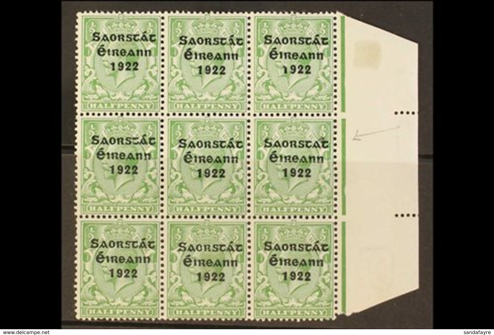 1922-23 THOM SAORSTAT RARITY  ½d Green, SG 52, Right Hand Marginal Block Of Nine, Showing At 15/12 ACCENT INSERTED TWICE - Otros & Sin Clasificación