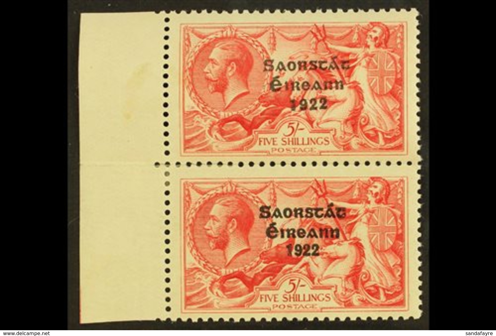 1925-28  5s Rose-carmine Seahorses With WIDE AND NARROW DATE Overprints Vertical Marginal Pair (SG 84a, Hibernian T70v), - Other & Unclassified