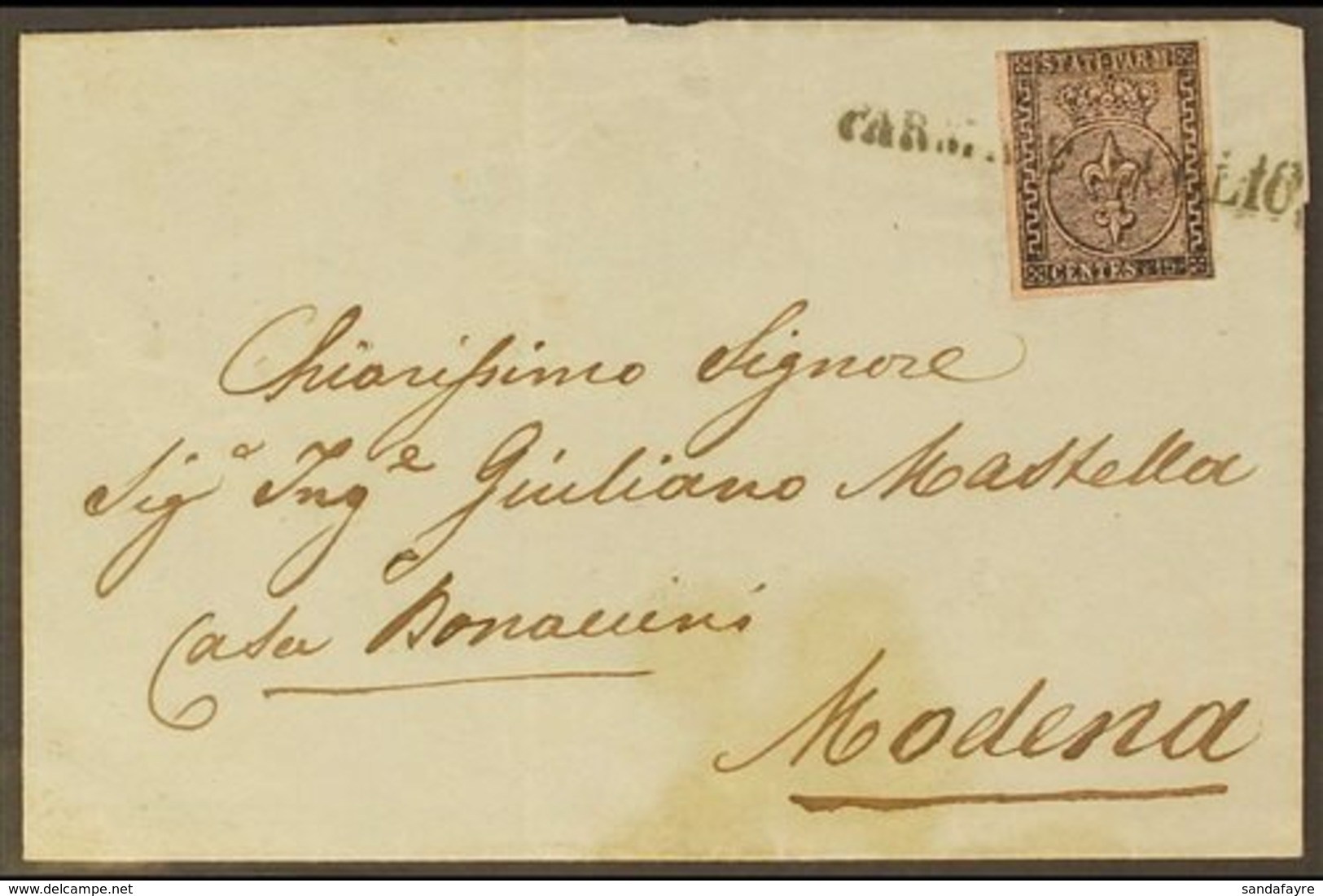 PARMA  1856 Cover To Modena Franked 1852 15c, Sass 3, Very Fine Used With Clear To Large Margins All Round And Tied With - Unclassified