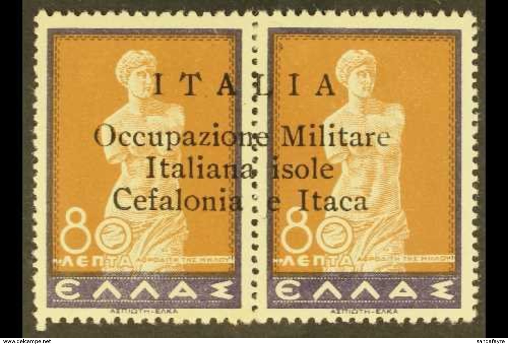 CEFALONIA & ITHACA  1941 80 + 80L Violet And Brown Horizontal Pair, Sass 16, Very Fine Never Hinged Mint. Signed. For Mo - Sonstige & Ohne Zuordnung