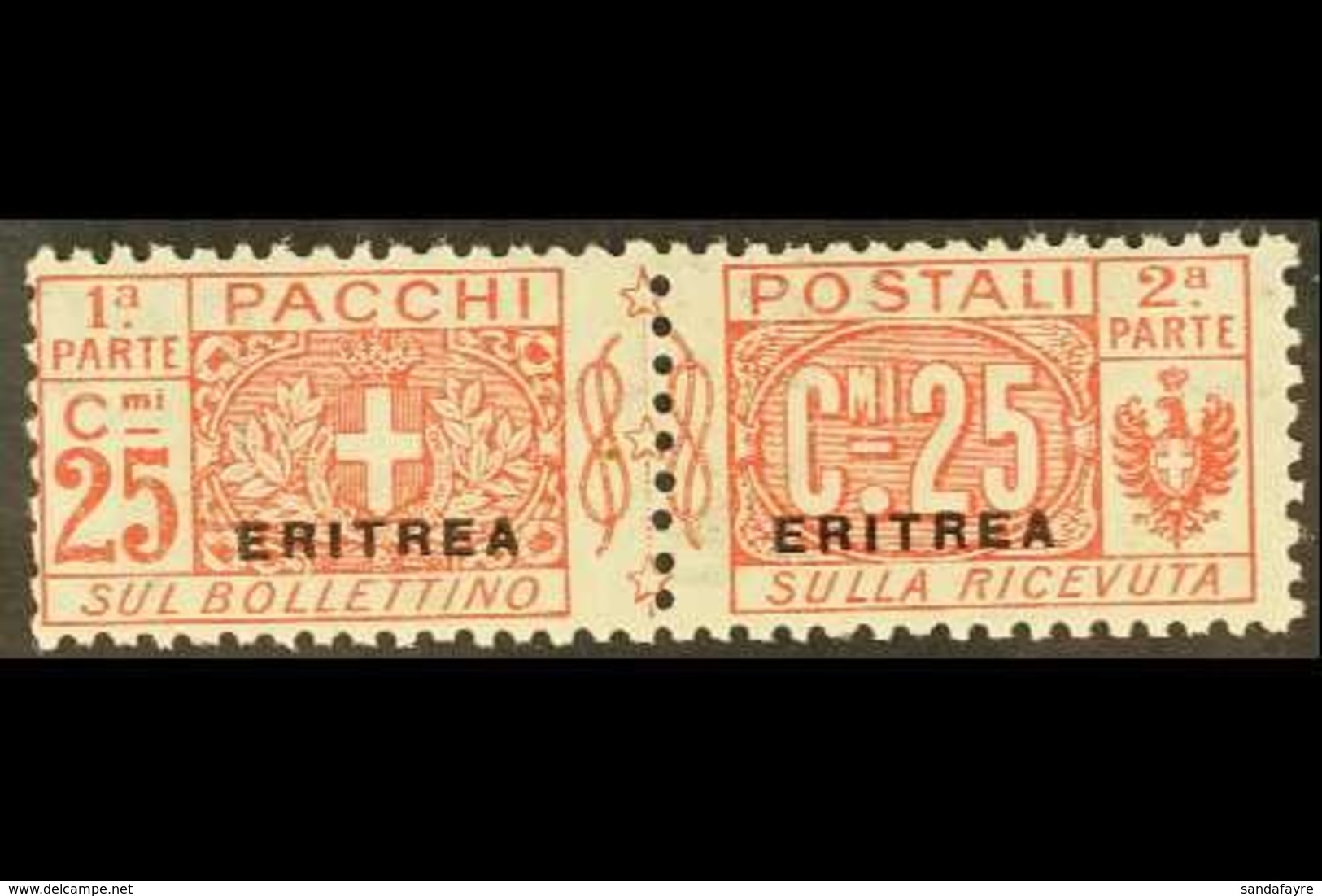 ERITREA  PARCEL POST 1916 25c Red Small "ERITREA" Overprint (Sassone 3, SG P55), Fine Mint Horizontal Pair, Very Fresh,  - Sonstige & Ohne Zuordnung