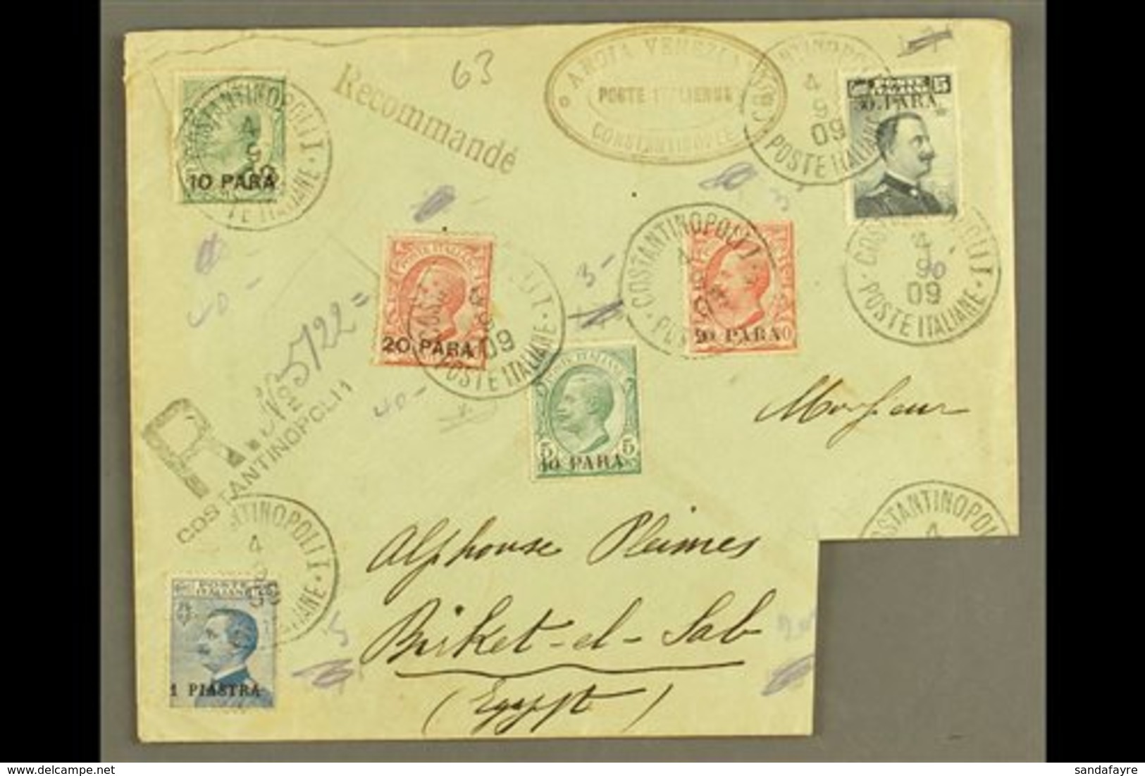 POST OFFICES IN TURKISH EMPIRE  1909 Registered Cover To Egypt, Franked With 1st Issue 1908 10pa On 5c & 20pa On 10c, 2n - Sonstige & Ohne Zuordnung