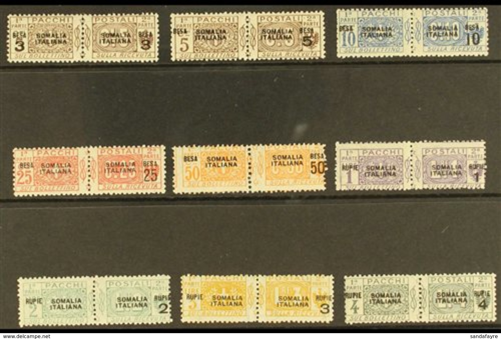 SOMALIA  PARCEL POST 1923 Surcharges Complete Set (Sassone 21/29, SG P44/52), Fine Mint Horizontal Pairs, Most Values In - Sonstige & Ohne Zuordnung