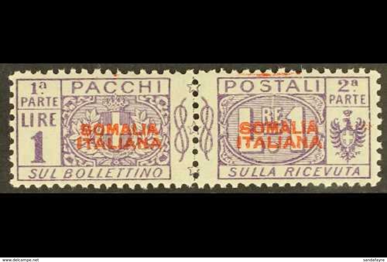 SOMALIA  PARCEL POST 1926-31 1L Violet Unissued Overprint In Red, Sassone 48 (see Note After SG P92), Never Hinged Mint  - Sonstige & Ohne Zuordnung