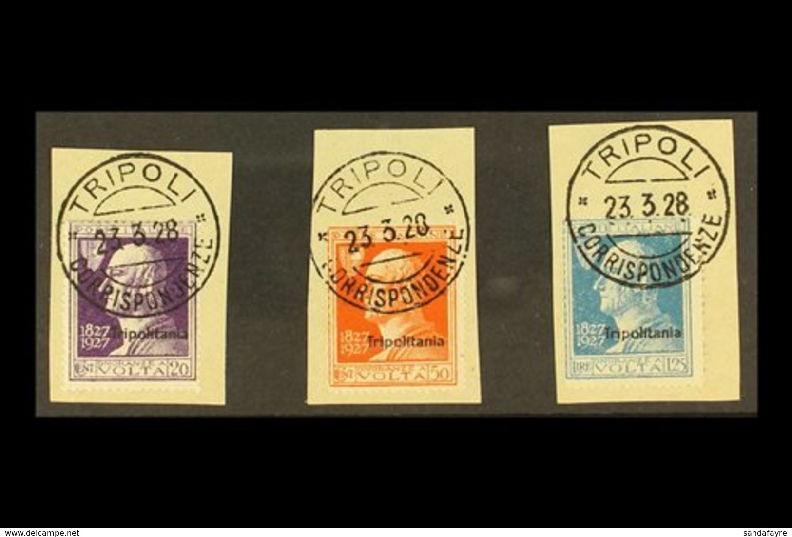 TRIPOLITANIA  1927 Volta Centenary Set (Sass S. 12, SG 46/48), Each On Piece Tied By Fine Full Tripoli Cds. (3 Stamps) F - Other & Unclassified