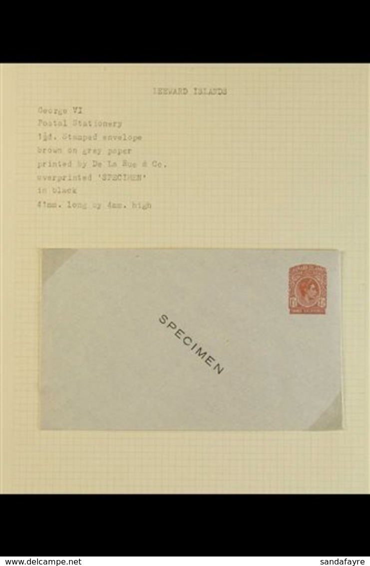 1938 "SPECIMEN" POSTAL STATIONERY ENVELOPES.  Four Different KGVI Envelopes Being The 1d Red On Grey & 1½d Brown On Grey - Leeward  Islands