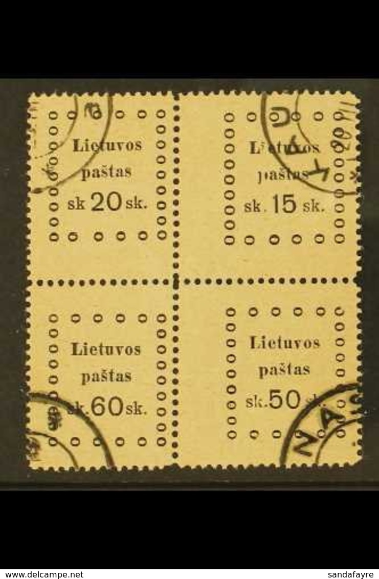 1919 SE-TENANT BLOCK.  1919 Third Kaunas Issue 20s+15s+60s+50s Se-tenant Block Of 4, Very Fine Used (mixed- Value Block) - Lituania