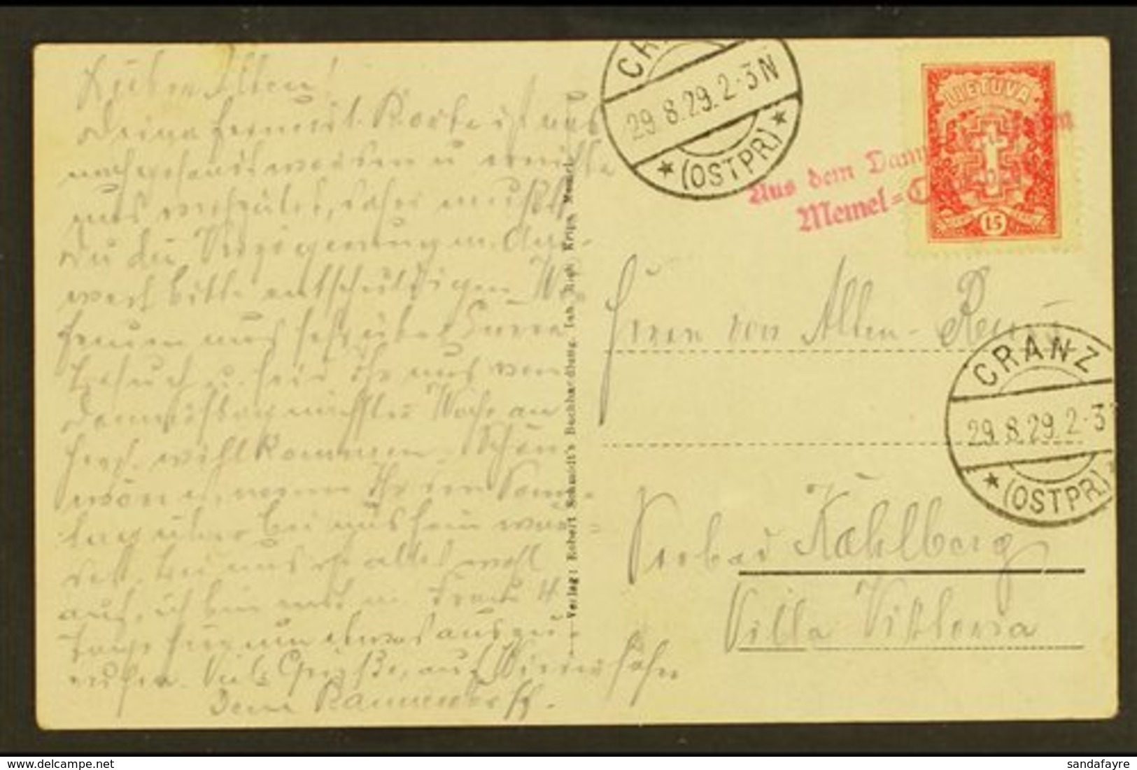 1929 CRANZ - MEMEL SHIP LINE.  (29 Aug) Picture Postcard Addressed To Kahlberg, Bearing 15c Stamp Tied By Rare "Aus Dem  - Lithuania