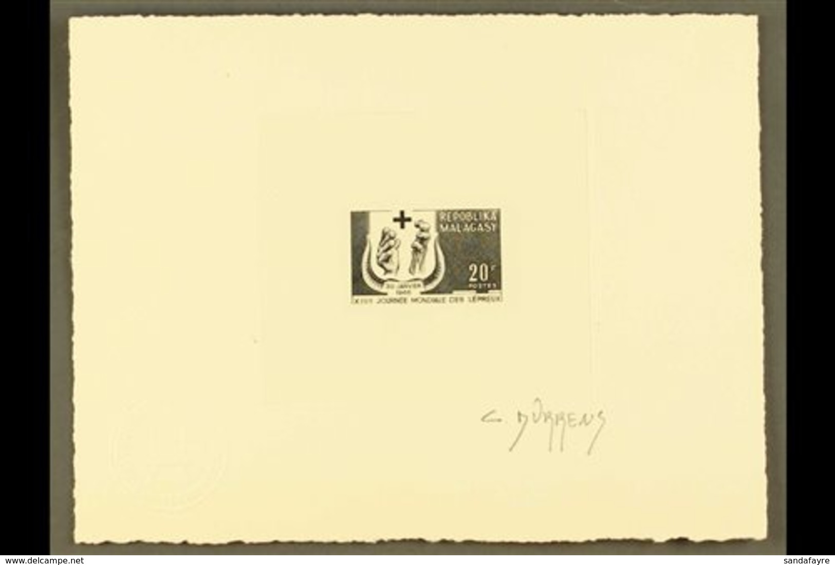 1966 SIGNED SUNKEN IMPERF DIE PROOF  For The 20f World Leprosy Day (Yvert 418, SG 110), Printed In Black On Card, Overal - Sonstige & Ohne Zuordnung