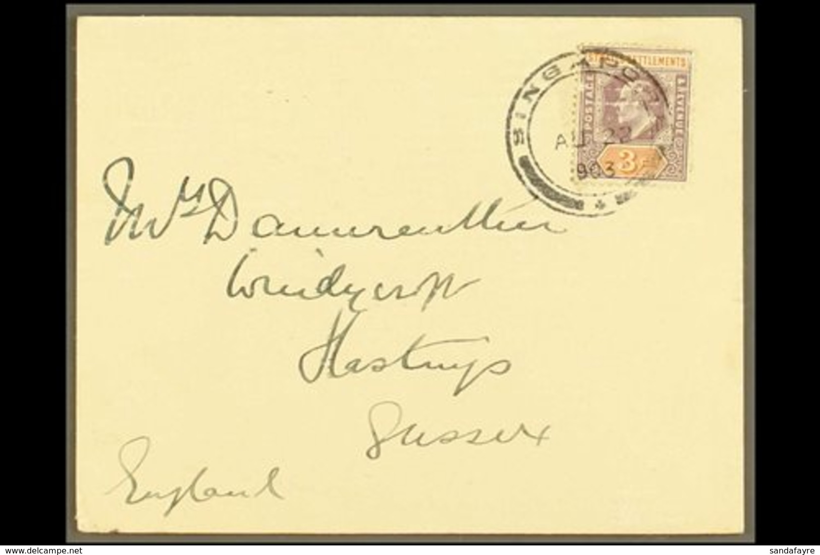 1903  (22 Aug" "H.M.S. LEVIATHAN / CHINA STATION" Red Embossed Plain Card Bearing Straits 3c Tied Singapore Cds Addresse - Straits Settlements