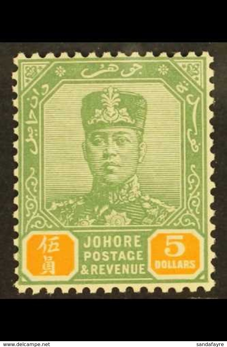 JOHORE  1922 $5 Green And Orange, Sultan, SG 124, Very Fine And Fresh Mint. For More Images, Please Visit Http://www.san - Sonstige & Ohne Zuordnung