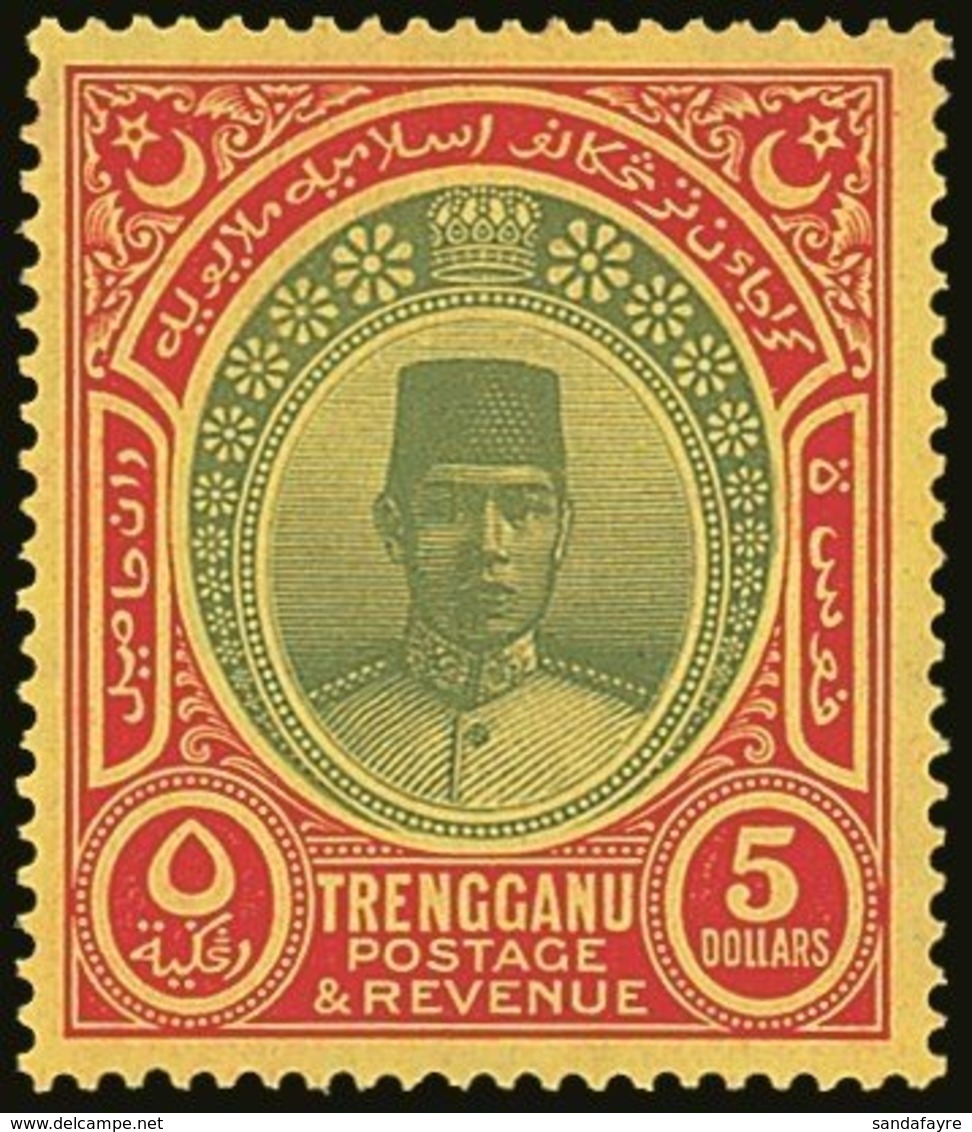 TRENGGANU  1921-41 $5 Green And Red/yellow, Watermark Mult Script CA, SG 44, Very Fine Lightly Hinged Mint. For More Ima - Other & Unclassified