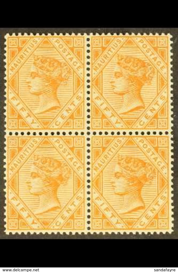 1883  50c Orange, Wmk CA, SG 111, Superb Mint Block Of 4 (2 Nhm). For More Images, Please Visit Http://www.sandafayre.co - Mauritius (...-1967)