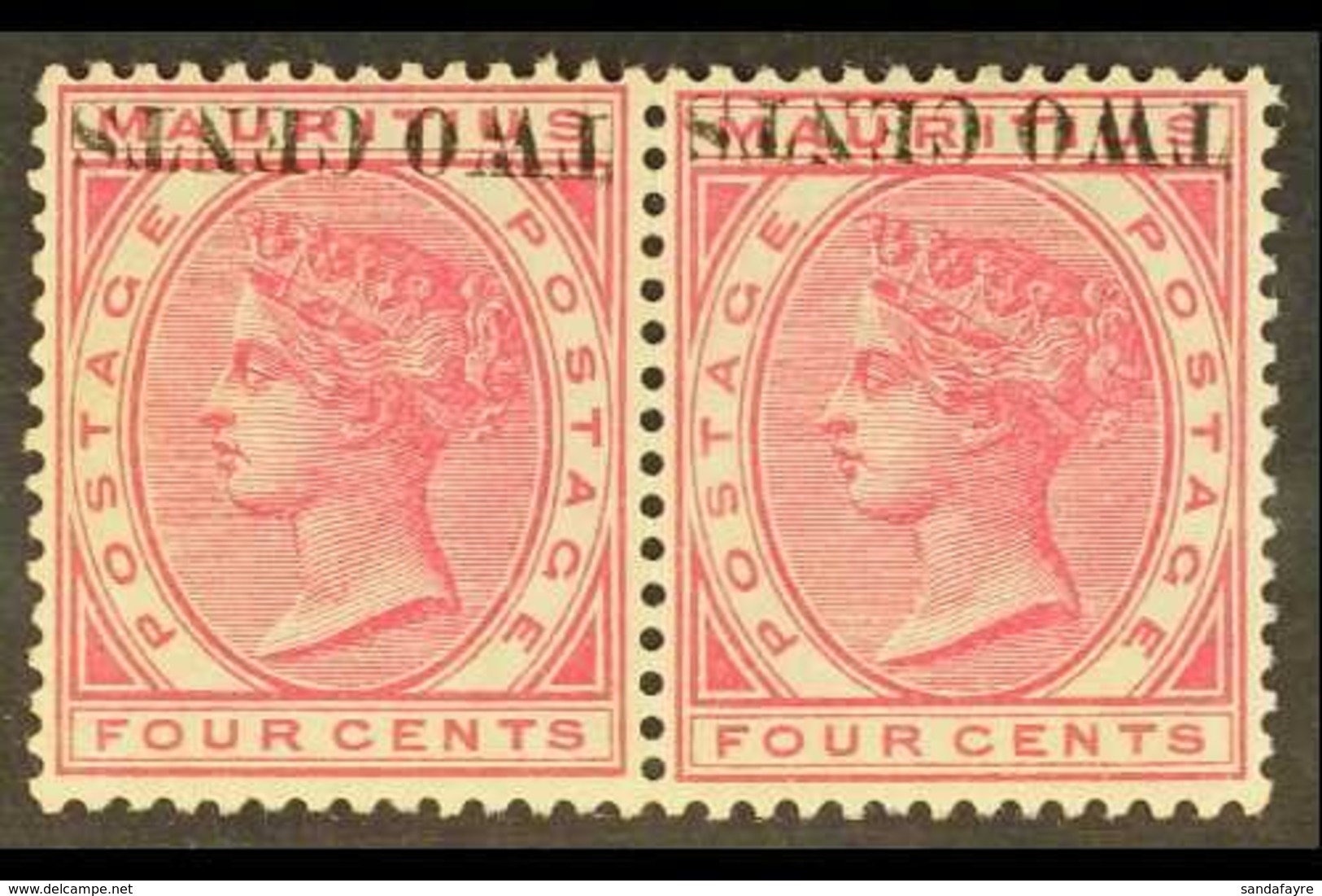 1891  2c On 4c Carmine, Variety "surcharge Inverted", SG 118a, Fine Mint Pair, Some Foxing On Gum. For More Images, Plea - Mauritius (...-1967)