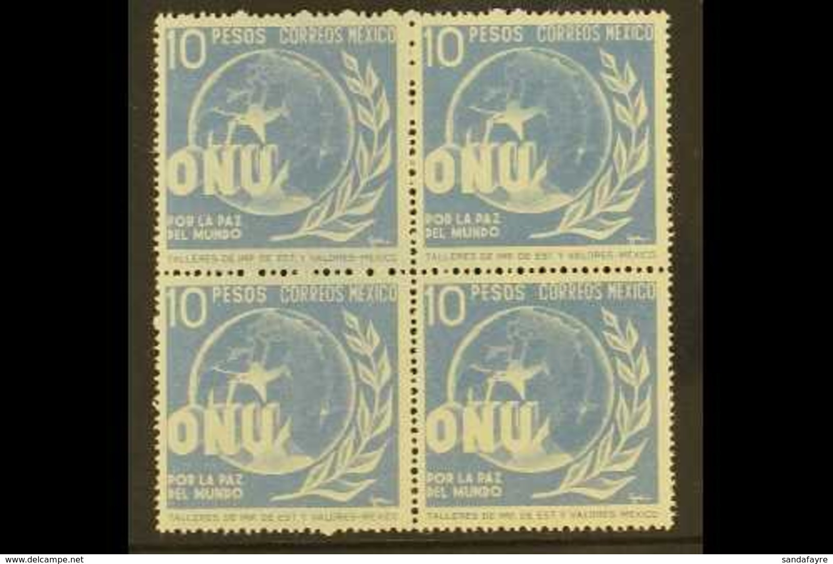 1946  10 Peso Ultramarine "United Nations", SG 771, Scott 818, Never Hinged Mint Block Of 4 (4 Stamps) For More Images,  - Mexico