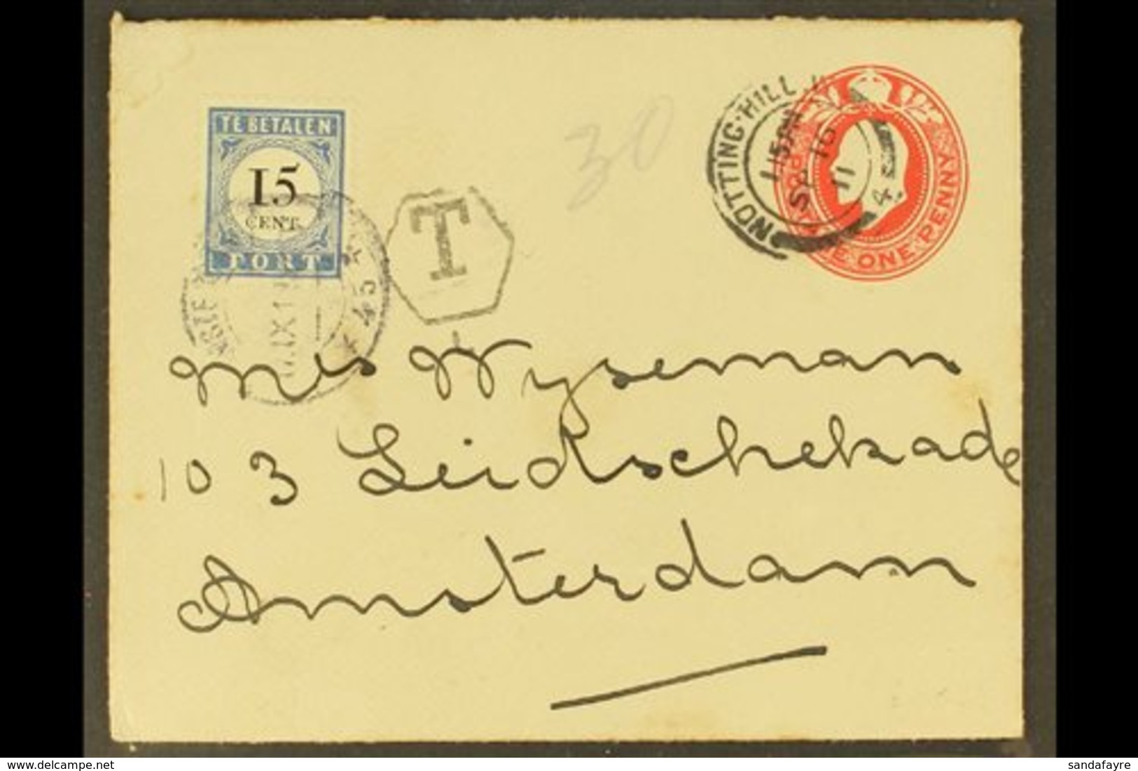 POSTAGE DUE  1911 1d Red Postal Stationery Envelope From England Bearing Postage Due 15c Stamp Tied By "Amsterdam" Cds,  - Sonstige & Ohne Zuordnung