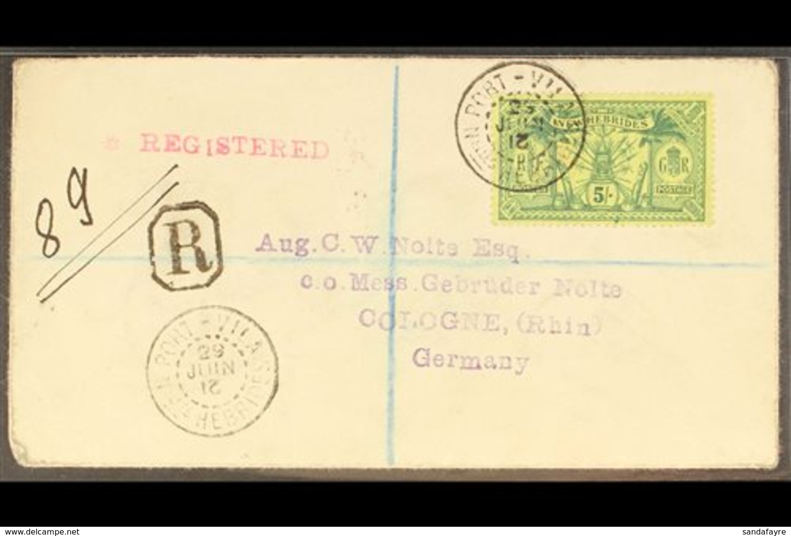 BRITISH  1912 Registered Cover To Germany Franked 5s Green On Yellow, SG 28, Tied By Port Vila Nelles Hebrides Cds With  - Other & Unclassified