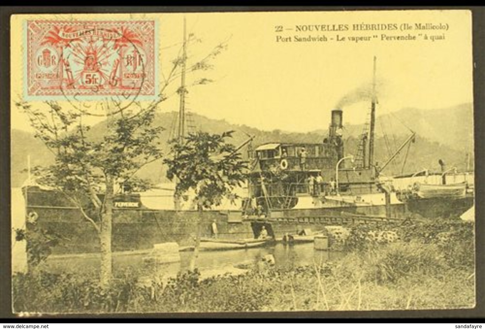 FRENCH  Superb PPC Of The Tramp Steamer "La Pervenche" At Port Sandwich, Franked 5fr Red On Blue, SG F21, Tied By Vila C - Sonstige & Ohne Zuordnung