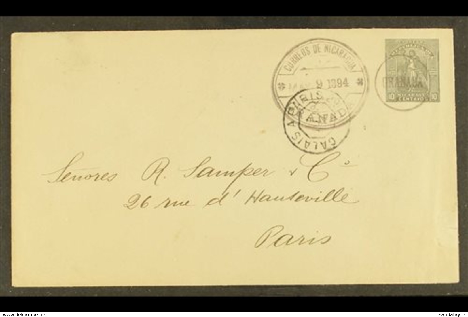 1894  (9 May) 10c Grey Postal Stationery Envelope (Higgins & Gage 25) To Paris With Fine "GRANADA" Circular Cachet Along - Nicaragua