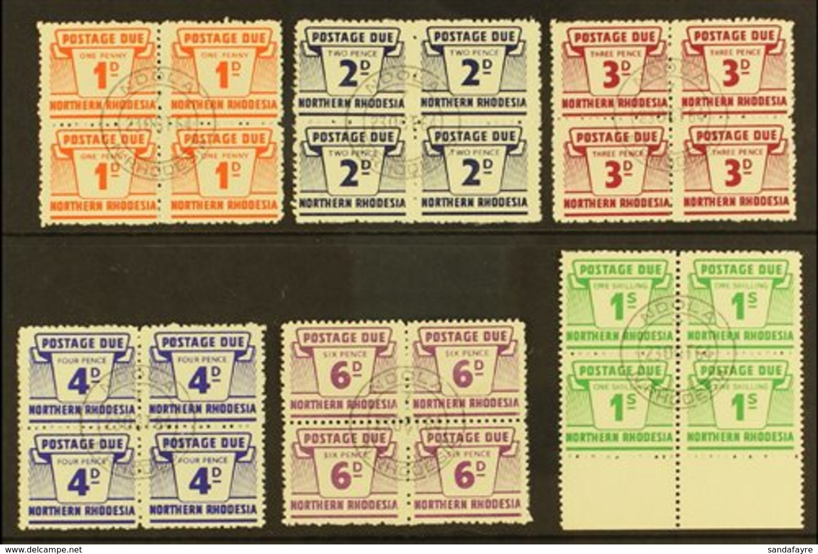 POSTAGE DUES  1963 Set Of 6 Values In Blocks Of 4, SG D5/10, SUPERB USED With Central NDOLA C.d.s. Postmarks (6 Blocks). - Northern Rhodesia (...-1963)