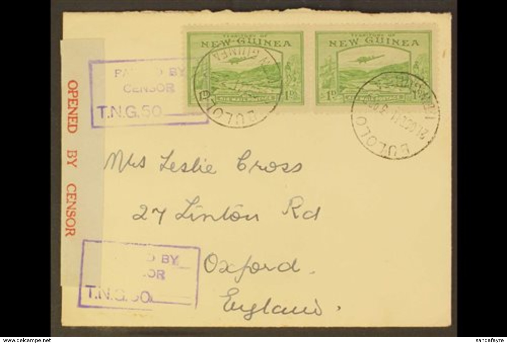 1941  (21 Oct) Censored Cover To England, Bearing 1939 1d Pair (SG 213) Tied By "Bulolo" Cds's, With Boxed Censor Cachet - Papua-Neuguinea
