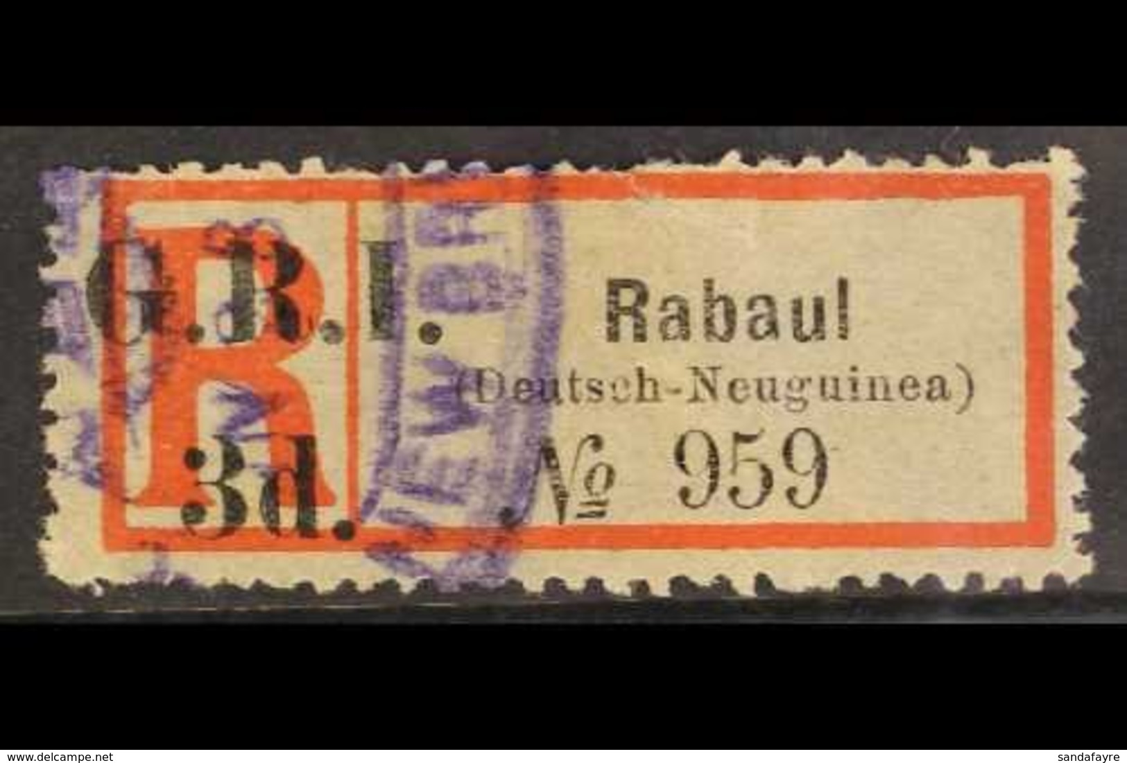 AUSTRALIAN OCCUPATION  1915 3d "G.R.I." Overprint On Local RABAUL (DEUTSCH-NEUGUINEA) Registration Label, SG 33d, Used,  - Papua-Neuguinea